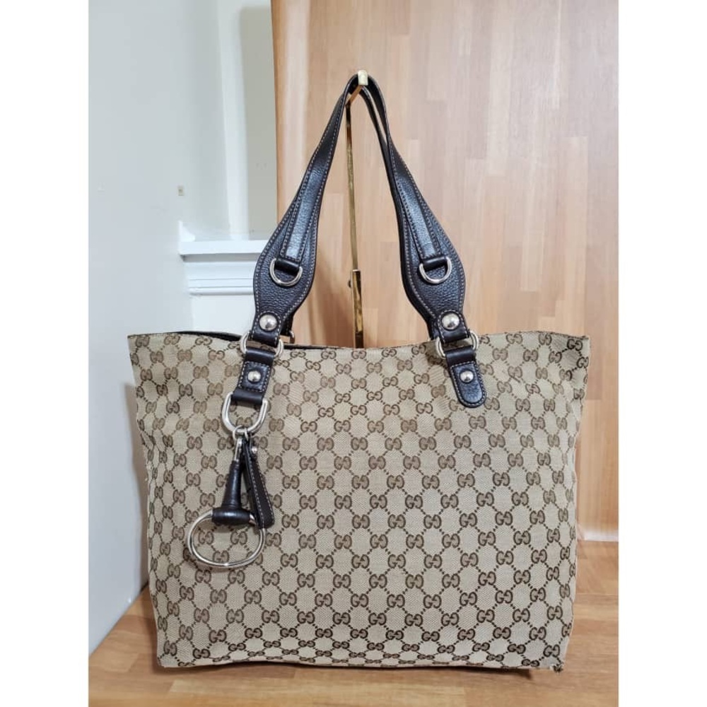 Authentic GUCCI Beige/Brown GG Canvas Icon Bit Tote Bag